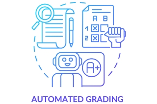 Circular graphic with magnifying glass over paper, graded paper, robot giving an A. Automated Grading at the bottom.