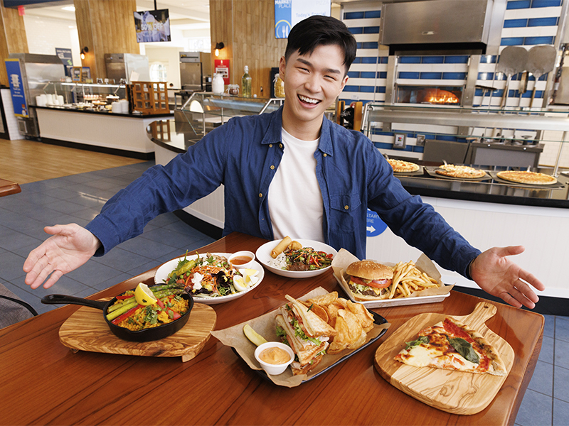 Some flavorful foods at Rollins College's main Marketplace dining hall include international dishes and gourmet pizzas, all prepared in front of guests.