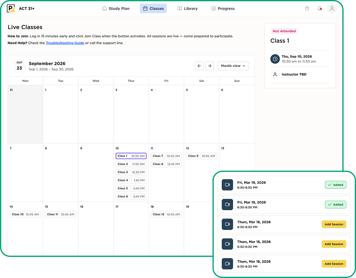 ACT class calendar dashboard
