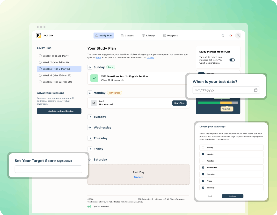 ACT study plan dashboard
