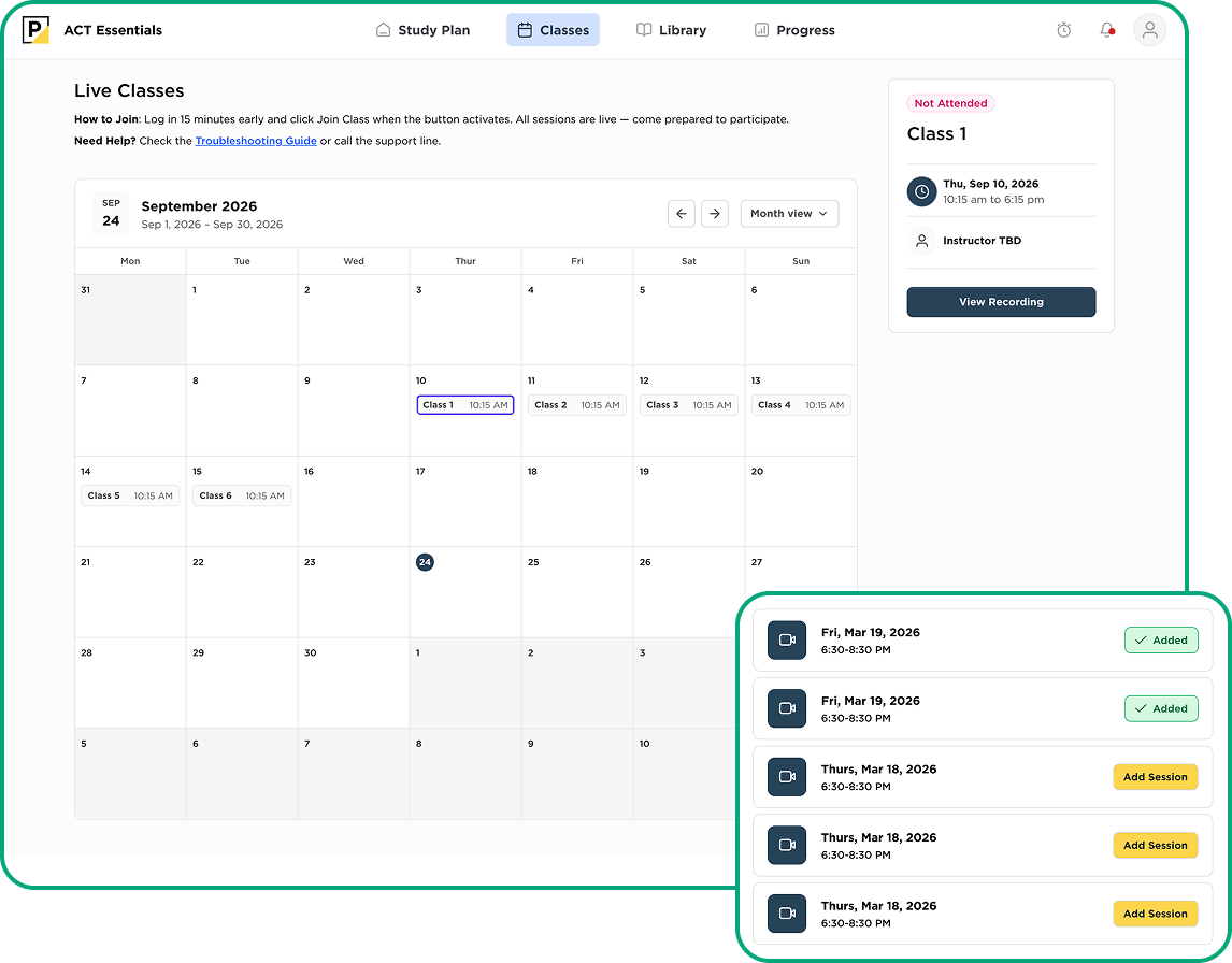 ACT class calendar dashboard