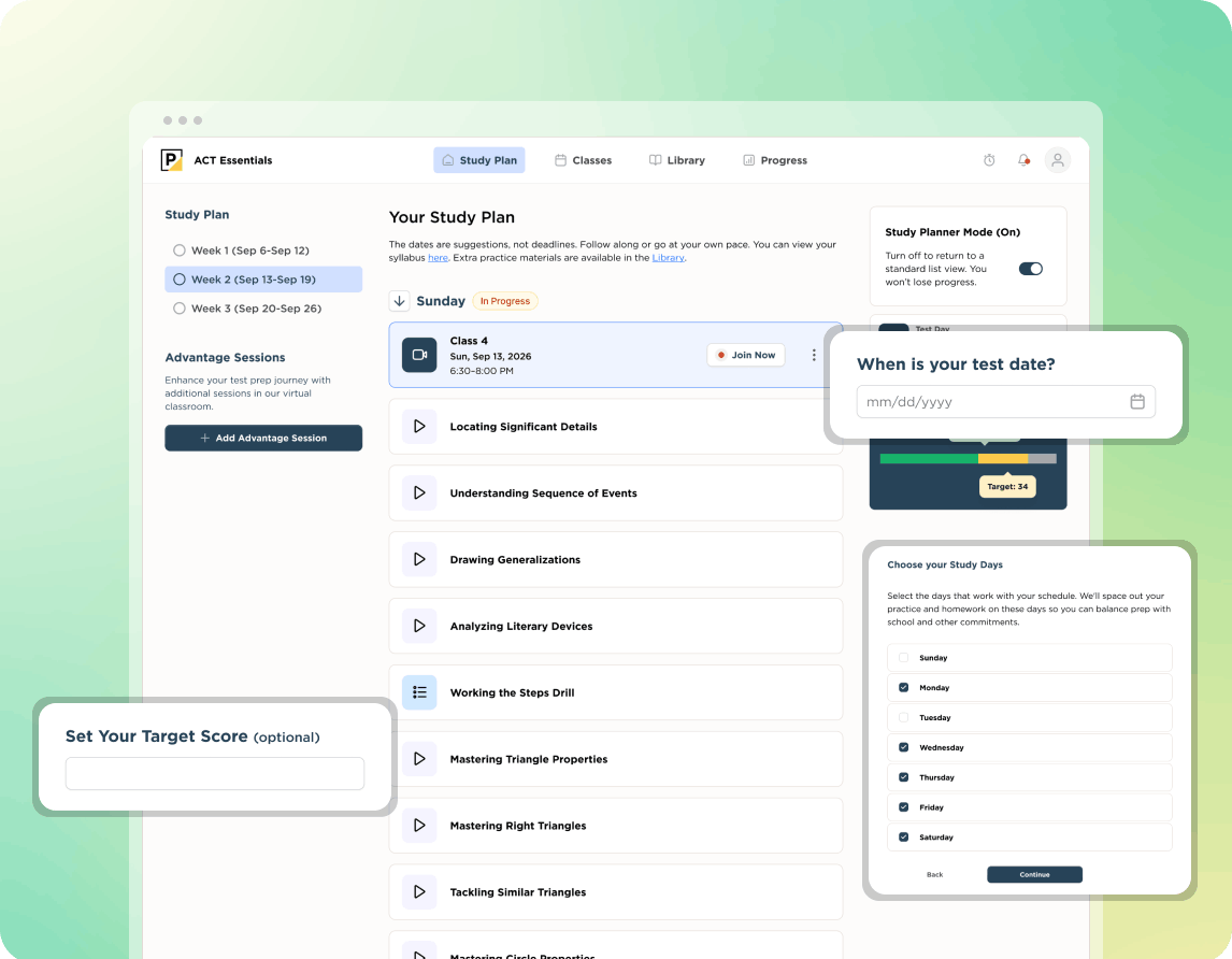 ACT study plan dashboard