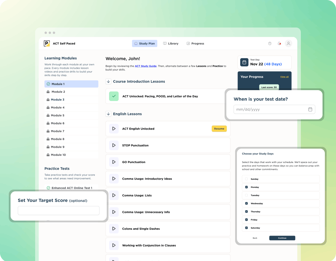 ACT study plan dashboard