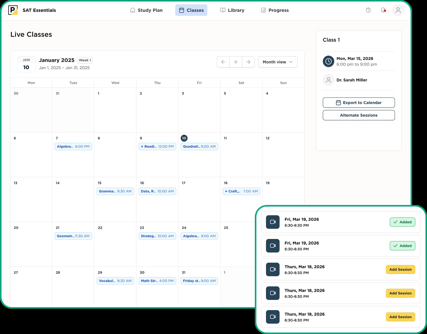 SAT class calendar dashboard