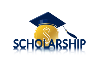 A Graduation cap set atop a gold coin with a dollar sign. In front of this, the word “scholarships” is displayed.
