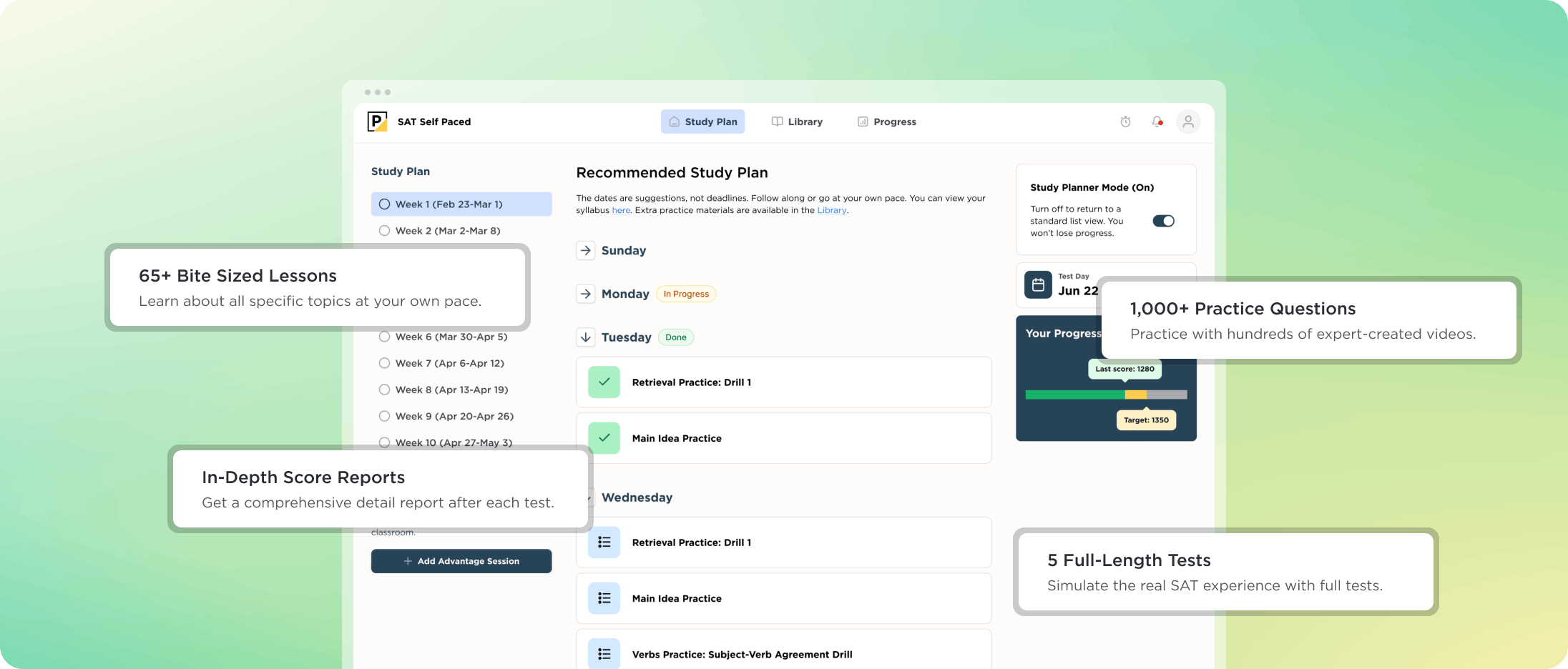 SAT Self-Paced dashboard showing 65+ bite sized lessons, in-depth score reports, 1,000+ practice questions, and 5 full-length tests